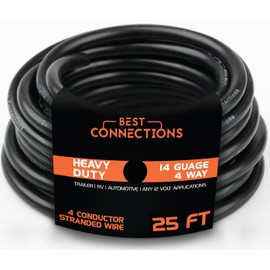 BEST CONNECTIONS 4 Way Trailer Wire (25 Feet) – Heavy Duty 14 Gauge 4 Conductor Insulated Cable – Durable, Weatherproof, Color-Coded 4 Way Trailer Wiring Extension for RV Trailer and Automotive