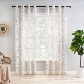 White and Taupe Sheer Curtains Living Room 90 Inch Drop Farmhouse Botanical Leaf Printed Eyelet Voile Curtains Bedroom Floral Linen Texture Light Filtering Window Curtain Panels for Patio Hotel 2pcs