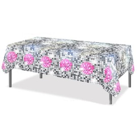 Dusenly 70s 80s 90s Disco Party Tablecloth Silver Sequin Disco Party Plastic Table Cover Hip Hop Theme Birthday Party Decorations