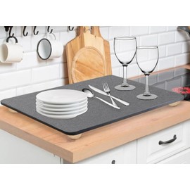 Large Dish Drying Stone Mat for Kitchen Counter,16" x 12" Quick Dry Diatomite Stone Mat with Wooden Feet, Non-slip Rapid Water Absorption Diatomaceous Earth Dish Drying Mat