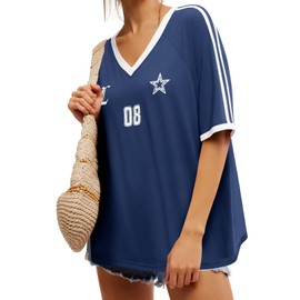 Tankaneo Womens Oversized Jersey Tshirts Letter Graphic V Neck Short Sleeve T-Shirts Summer Casual Tee Tops Dark Blue