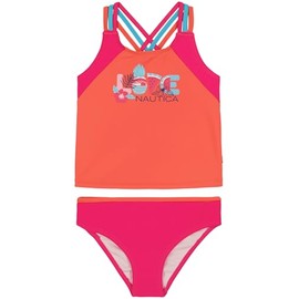 Nautica Girls' Two-Piece Bikini Swimsuit Set, UPF 50+ Sun Protection, Quick-Dry Bathing Suit, Hot Coral