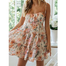 Mansy Womens 2024 Summer Floral Mini Dress Boho Flowy Skater Dresses Short Sleeveless Ruffle Spaghetti Strap Dress