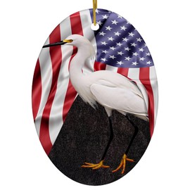 American Flag Themed with Snowy Egret Christmas Ornaments 2025 Oval White Ceramic Wild Animal Lover Gifts