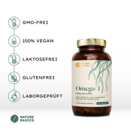 Nature Basics Veganes Omega 3 aus Algenöl | 120 hochdosierte Kapseln für 4 Monate | Eine Kapsel täglich zur Unterstützung der normalen Hirn, Augen & Herzfunktion | laborgeprüft auf Reinheit