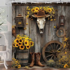 Western Cowboy Shower Curtain, Rustic Barn Door Farmhouse Decor, Southwest Country Ranch Bath Curtain with Cowboy Boots Floral Bathtoom Curtain Decor Set with Hooks 72X72 in