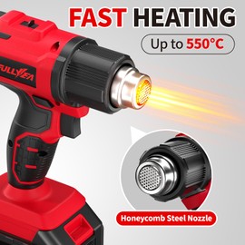 FULLYEA Cordless Heat Gun, Max 1022°F (550°C) Fast Heating, Lightweight Hot Air Gun Kit with 2x4.0Ah Batteries & 5 Nozzles, Portable Heat Gun for Shrink Tubing, PVC Wrap, Crafts (Red)