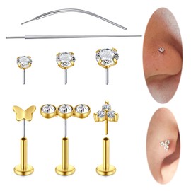 QWALIT Gold Threadless Nose Stud 20g Flat Back Nose Stud 20g Cartilage Earring Nose Earrings Flat Back Earrings Flatback Nose Stud 20 Gauge Push in Nose Stud Labret Nose Rings with Backs 8mm