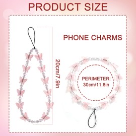 SAVITA 2pcs Beaded Phone Bracelet Strap, Crystal Butterfly Pearl Beaded Phone Charm Strap Hand Wrist Lanyard for Telephone Keychain Charm for Women Girls (Purple, Pink)