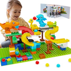 Dinosaur Marble Run Building Blocks STEM Toys for Kids Ages 3-8 | 127 Pcs Construction Set with 3 Dinos & Ball Run Track, 4 in 1 Modular Design Learning Toys for Boys Girls, Christmas Birthday Gift