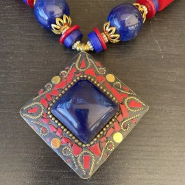 Boho HANDMADE NECKLACE INDIA  ETHNIC TRIBAL BOHO BLUE ANND RED BRASS BEADS