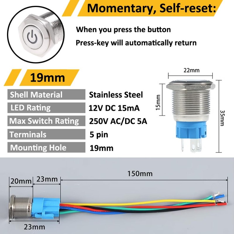ETOPARS Stainless Steel 19 mm Momentary Rocker Switch 12 V