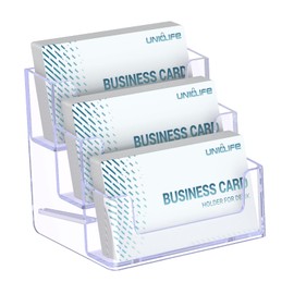 Uniclife Acrylic Business Card Holder for Desk 3 Slots Clear Business Card Display Stand for Men & Women Desktop Business Card Organizer Card Stand for Office Home Exhibition, 180 Card Capacity