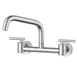 HURRAN 8 Inch Center Wall Mount Kitchen Sink Faucet with 8" Swing Spout, Commercial Sink Faucet, Brushed Nickel Utility 2 Handles Commercial Faucet for Kitchen, Laundry Room, Restaurant