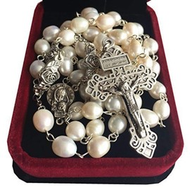elegantmedical 8-9MM Pearl Silver Beads Rosary Crucifix Jesus Cross Catholic Necklace Box
