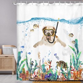Funny Bulldog Dog Fabric Shower Curtain, Tropical Fish Coral Octopus Starfish Turtle Anchor Nautical Shower Curtain for Bathroom, Cute Bulldog Dog Diving Bathroom Curtain with Hooks 69 x 70 Inch