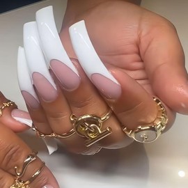 White French Curved Press on Nails Extra Long Square False Nails with Curved Nail Tips Designs Artificial Nails Acrylic Nude Pink Full Cover Nail Press ons Stick on Nails for Women 20 Pcs