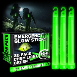 PartySticks Green Glow Sticks Emergency Chem Lights (6", 25 Pack) Military Grade 12 Hour Bulk Tactical Light Sticks for Survival Gear, Camping, Power Outages