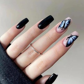 AkiliBIELY Square Press on Nails Medium Black Blue White Bare Butterfly Cute Fake Nails Women Glue on Nails Acrylic Gel Stick on Nails Fantasy Classy Voguish Pretty False Nails Wedding Birthday
