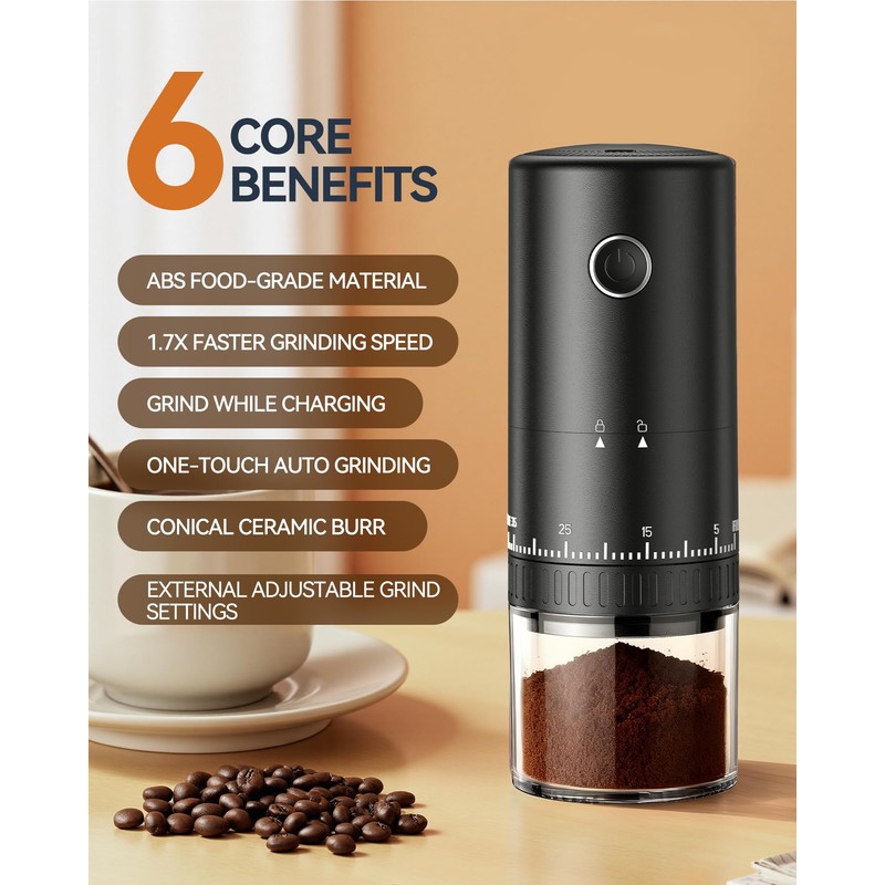 CEVING First Grind-While-Charging Rechargeable Coffee Grinder, 1.7X Faster Grinding with