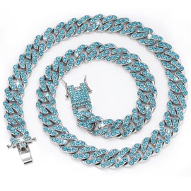 18 inch Glitter Dog Chain Collar Teal Diamond Dog Collars Lake Blue Cuban Dog Chains Necklace Turquoise Pet Metal Link Chain with Buckle Pet Jewelry Accessories Chain for Boy Girl Medium Big Dogs Cat