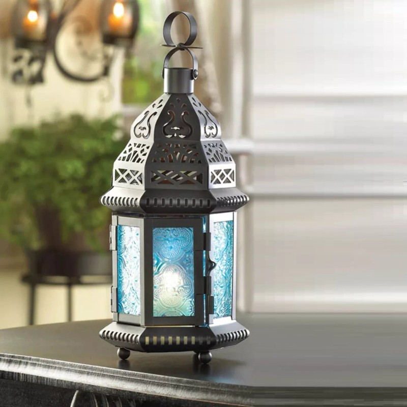 Accent Plus Candle Lantern Blue Glass Windows Black Moroccan Iron