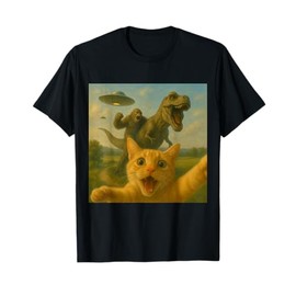 Funny Surprised Scared Cat Selfie T-Rex Dinosaur Bigfoot UFO T-Shirt