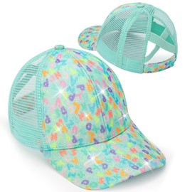 Yseoul Girls Glitter Baseball Cap Criss Cross Hat, Girl Ponytail Hat - Kids Baseball Cap with High Bun Messy Ponytail (Ages 5-15)