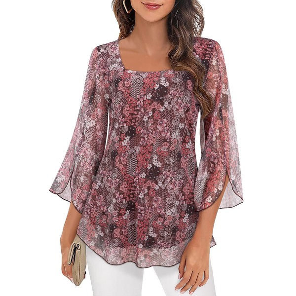 Syphiby Womens Chiffon Tops, Causal 3/4 Sleeve Tunic Blouse Elegant