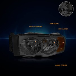 PM PERFORMOTOR Smoked Housing amber Corner Pair of Headlights Replacement Compatible with 02-05 Dodge Ram 1500/03-05 Dodge Ram 2500 3500, PMHL-DRAM-0205-OH-SA