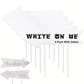 Blank-Arrow-Signs With Stakes 6 Pack - 17 x 6 Inches Wedding Directional Yard-Signs, This Way Arrow Birthday Party Signs - White