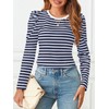 MEROKEETY Women's Puff Long Sleeve Striped Tops Crew Neck 2025