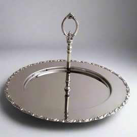 Silver 12" D Serving Tray. Single Tier Display. Buffet Elevated Charger with Handle. Pastry Display. Hors D'Oeuvre Plate