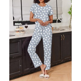 Ekouaer 2 Pack Womens Pajama Sets Short Sleeve Sleepwear Top and Pants 4 Piece Pjs Lounge Sets with Pockets Grey Cats/Black Dogs Large