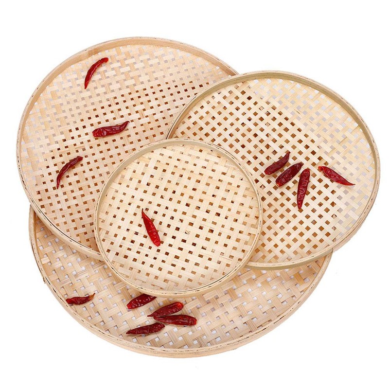 100% Handwoven Flat Wicker Round Fruit Basket Woven Food Storage
