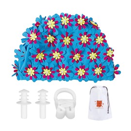 TVSVKWE 1 Piece Of Flower Swimming Cap, 1 Piece Of Earplugs, 1 Piece Of Nose Clip And 1 Piece Of Bear Storage Bag, Swim Equipment, Ladies' Swimming Cap, Cute Swimming Cap.
