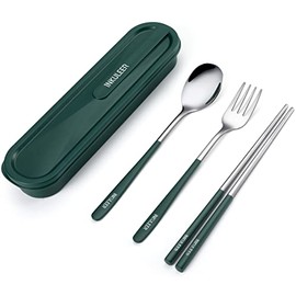 iNKULEER - Juego de cubiertos de viaje de acero inoxidable 18/8, utensilios reutilizables con estuche, lonchera portátil para camping y oficina (verde