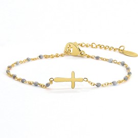 HMOOY 14K Gold Plated Cross Beaded Bracelet for Women, Stainless Steel Adjustable Religious Christian Bracelet Faith Confirmation Jewelry Easter Party Birthday Gifts for Women (Gray, Gold Plated)