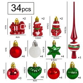 Set of 34 Christmas Baubles with Tree Topper, Diameter 3/4.5/5.5 cm, Small Christmas Tree Baubles, Plastic, Red Green Baubles, Mini Christmas Decoration, Table Decoration, Christmas Tree Decoration