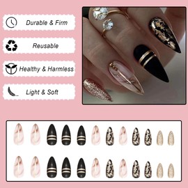 Almond False Nails Short, 24Pcs Black and Gold Glitter French Fake Nails, Ballerina Press on Nails with Nails Glue Stickers, Stiletto Acrylic Stick on Nails for Women and Girls