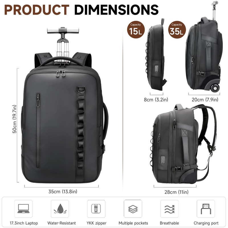 2-in-1 Detachable Carry On Rolling Backpack - Splits into Two