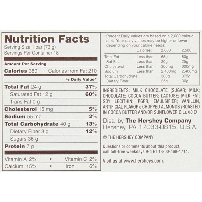 HERSHEY'S Milk Chocolate with Whole Almonds Candy Bars, 2.6 oz