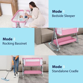 Luvkixen Baby Bassinet Bedside Sleeper, 3 in 1 Rocking Bassinet for Baby, Arms Reach Co Sleeper Bassinet with Wheels, Adjustable Height, Storage, Mattress & Canopy (Pink)