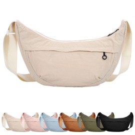 Fjquamitix Crescent Bag for Women Men Crossbody Nylon Dumpling Bag with Adjustable Strap, Half Moon Sling Shoulder Handbag for Travel Casual Eveyday (Off-White)