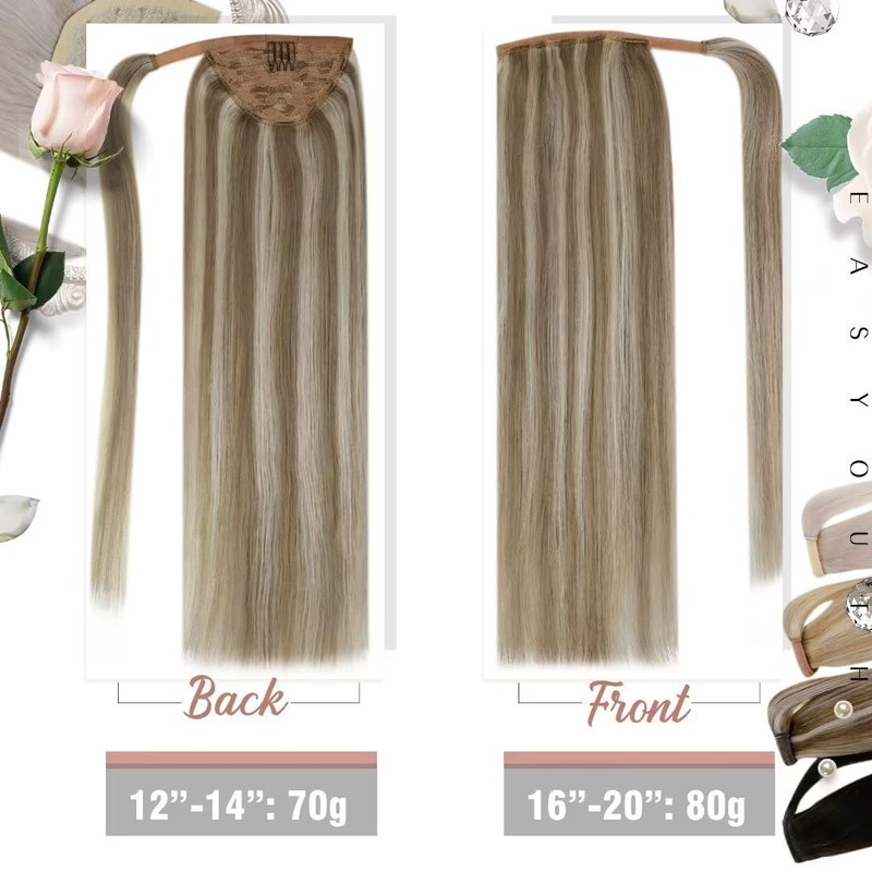 Easyouth Ponytail Extension Real Hair, Colour Ash Brown Mix Platinum