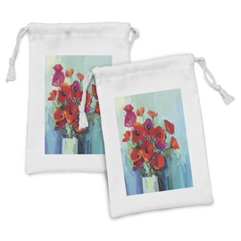 Ambesonne Impressionist Fabric Pouch Set of 2, Floral Painting Colorful Bouquet of Poppy Flowers in Vase, Small Drawstring Bag for Toiletries Masks and Favors, 9" x 6", Multicolor