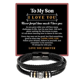 To My Son Black Braided Leather Bracelet From Dad And Mom, Inspirational Multi-layer Braided Leather Bracelet, Graduation, Birthday, To My Son Bracelet From Dad In Box (Two Tone Box)