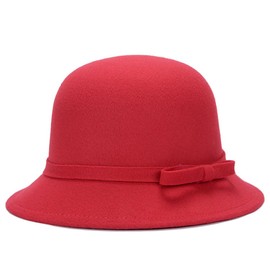 CynKen Women Polyester 1920S Vintage Cloche Bucket Hat Fall Winter Straight Bowknot Cap Red