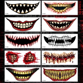 10 pcs Big Mouth Face Halloween Horror Tattoo Stickers - Waterproof & Funny Costume Party Tattoos