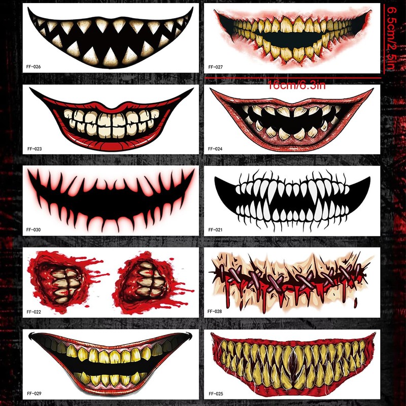 10 pcs Big Mouth Face Halloween Horror Tattoo Stickers -